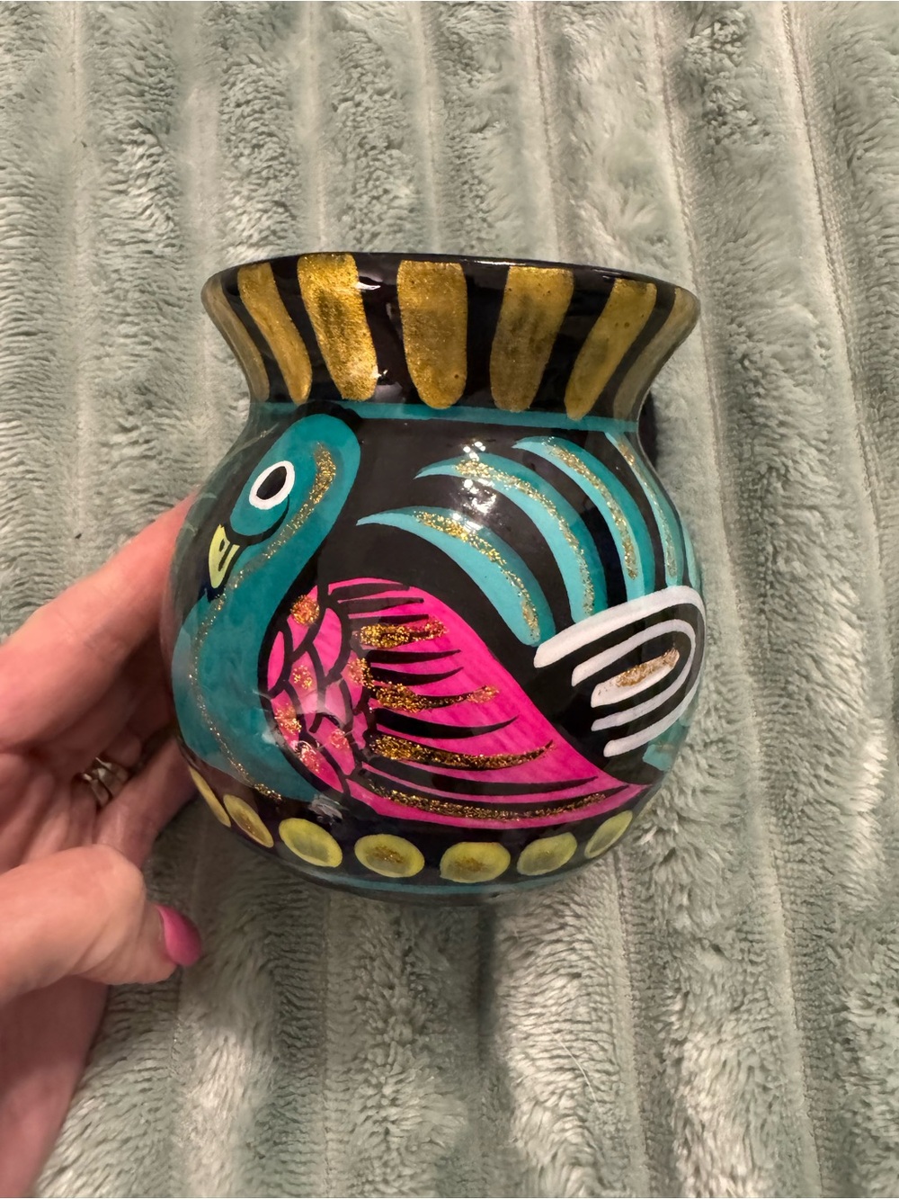 Hand-Painted Ceramic Bird Vase in Turquoise, Pink & Gold